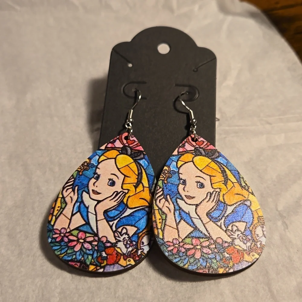 3 /$15 New Alice in Wonderland Wooden Earrings - Picture 4 of 4